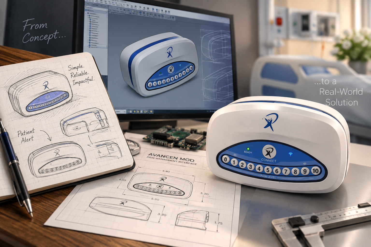Product development from initial concept sketches through design to a finished medical product